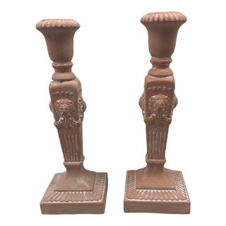 Pair of Vintage Terra Cotta Candleholders With Lion Decoration For Sale