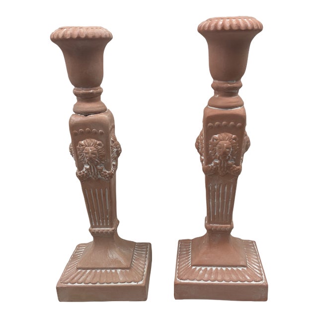 Pair of Vintage Terra Cotta Candleholders With Lion Decoration For Sale