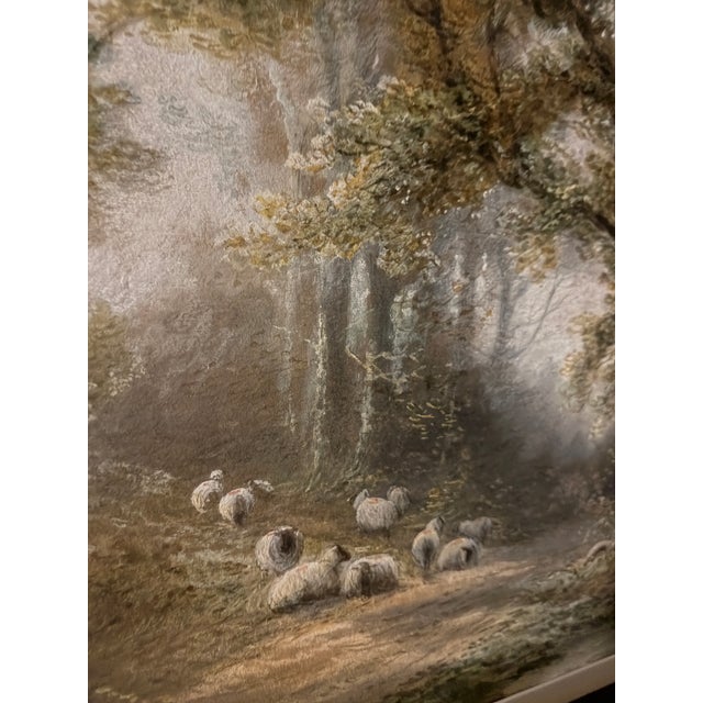 Wood Warren Clarke Original 1989 Oil Painting Woodland Sheep Landscape in Ornate Frame For Sale - Image 7 of 14