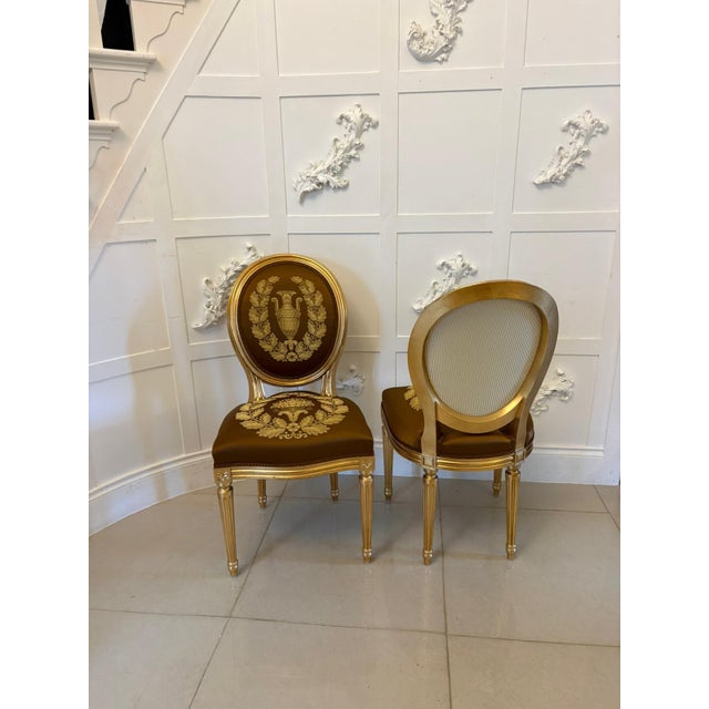 Brown Large Vintage Louis XVI Style Giltwood Dining Chairs with Silk Damask Upholstery, 1940, Set of 42 For Sale - Image 8 of 18