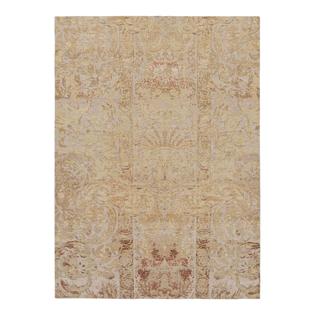 Rug & Kilim’s Distressed European Rug in Beige-Brown & Gold Florals For Sale