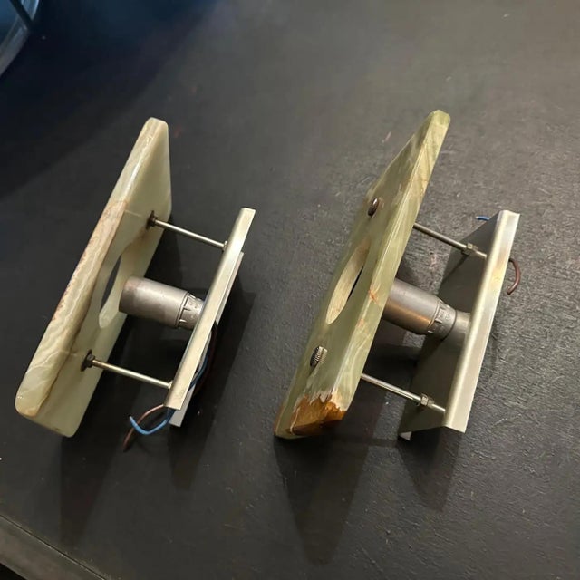 A Pair of 1970s Space Age Green and Brown Onyx Marble Italian Wall Sconces For Sale - Image 11 of 11