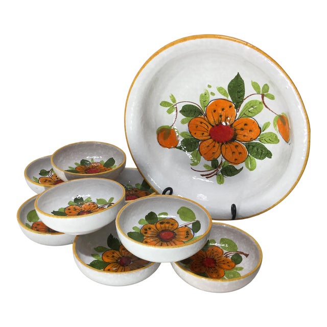 Mid 20th Century Italian Salad Bowl Set in Glazed Terra Cotta With Orange Floral Design - 9 PCS For Sale
