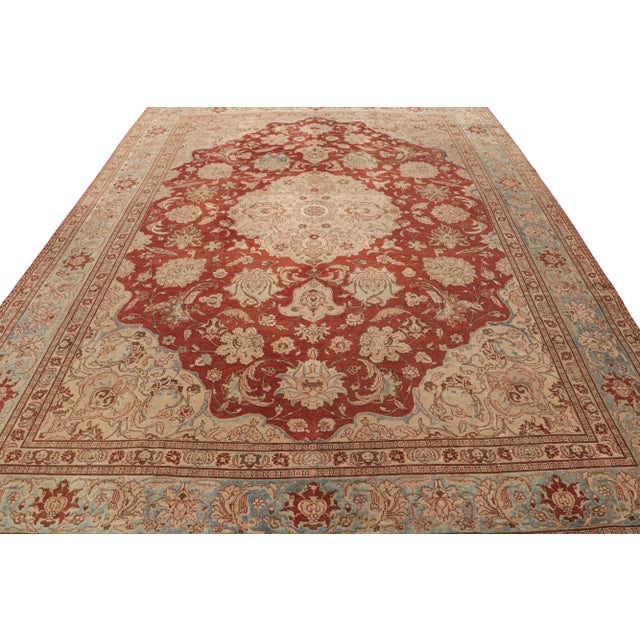 Rug & Kilim Antique Tabriz Beige Red and Blue Wool Persian Floral Rug – Medallion Style For Sale - Image 4 of 9