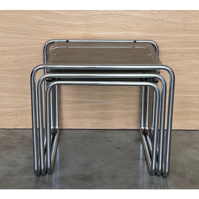 Mid 20th Century Cantilevered Chrome & Glass Nesting Tables with Fume Glasses For Sale - Image 18 of 18