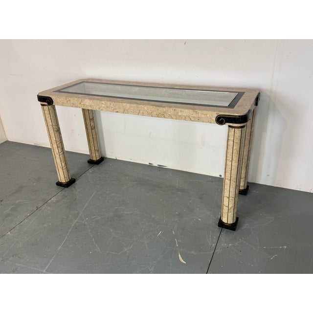Vintage Italian Style Console Table in Stone Marquetry and Brass Details with Glass Top from Maitland Smith, 1980s For Sale - Image 6 of 16