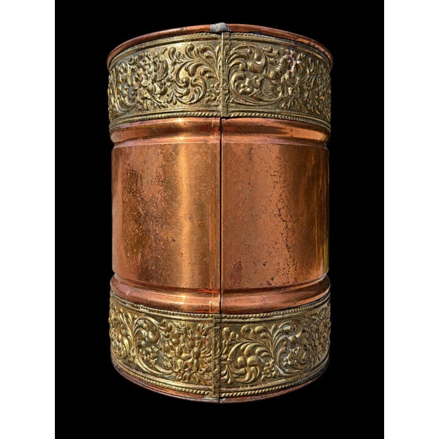 Antique Copper & Repoussé Brass Victorian-Style Wastepaper Basket / Decorative Waste Bin For Sale - Image 4 of 10