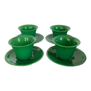 Antique 19th Century Chinese Bright Green Peking Glass Tea Cups & Saucers - Set of 4 For Sale