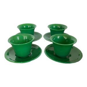 Antique 19th Century Chinese Bright Green Peking Glass Tea Cups & Saucers - Set of 4