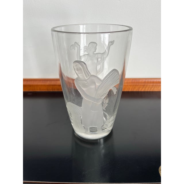 Verlys Glass 1940 Verlys Raised Seasons Art Deco Frosted Glass Vase Signed Carl Schmitz Verly For Sale - Image 4 of 11