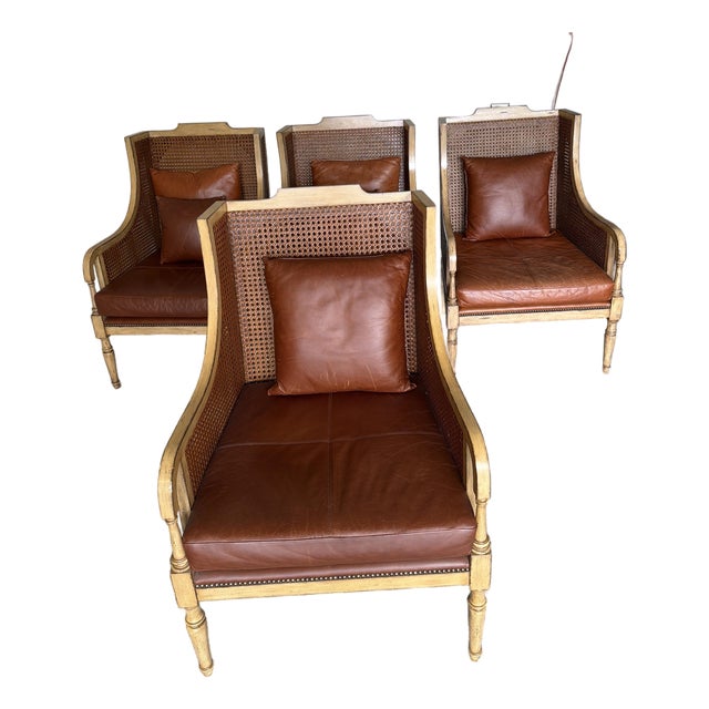 Late 20th Century French Cane Bergère Wingback Chairs in Cognac Leather – Set of 4 For Sale