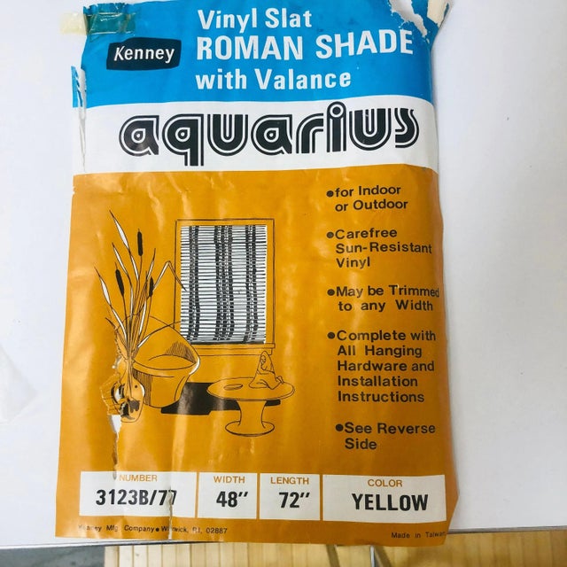 Unopened window shades still in package from 1970s. Aquarius Line by Sears. made of vinyl and yarn. Attached valance at...