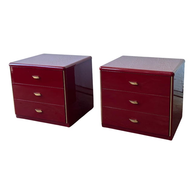 Vintage French Red Lacquer Bedside Tables, 1979, Set of 2 For Sale
