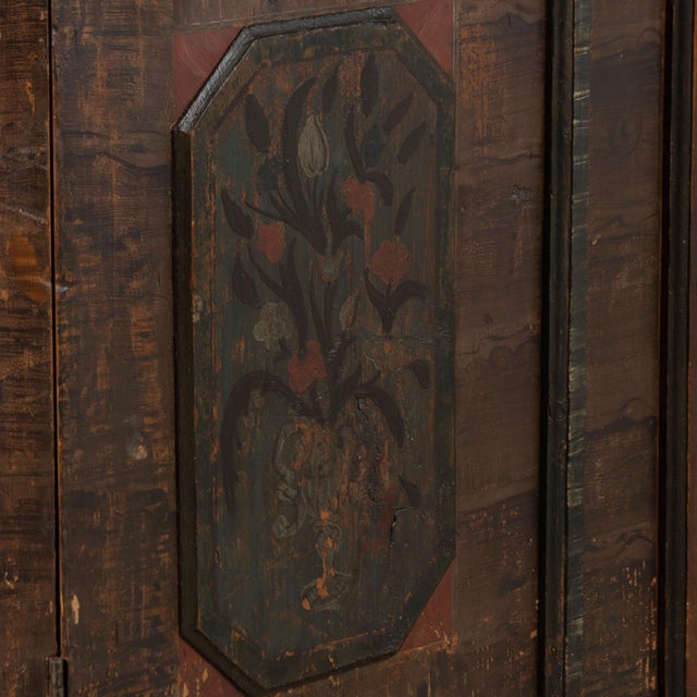 Original Hand-Painted Pine Folk Art Two-Door Armoire Dated 1793 For Sale - Image 6 of 10