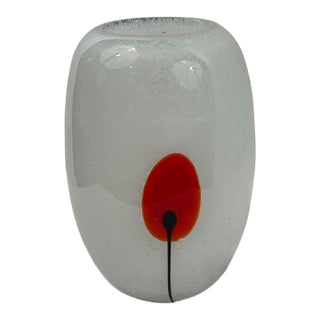 Frosted Art Glass Vase With Red Poppy, Studio Glass Style, 7 Inch Ovoid Vase, White Satin Glass Floral For Sale