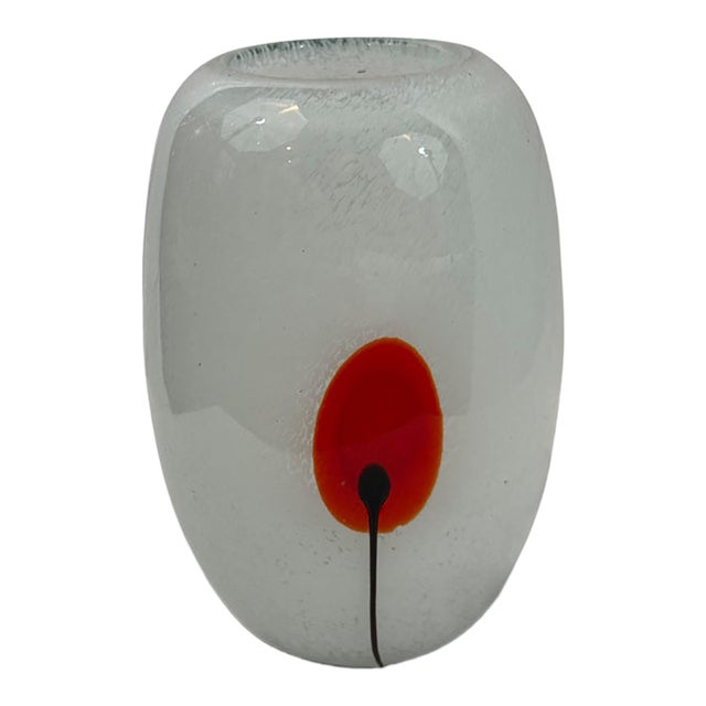 Frosted Art Glass Vase With Red Poppy, Studio Glass Style, 7 Inch Ovoid Vase, White Satin Glass Floral For Sale