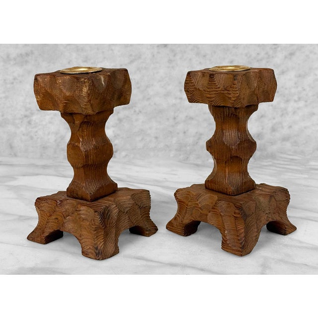 1970s Vintage Brutalist Tiki Carved Wood Candlestick Holders - A Pair For Sale - Image 5 of 8