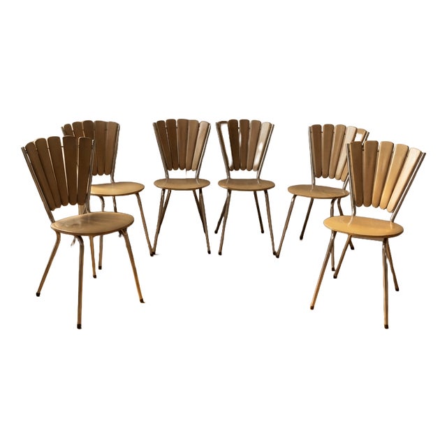 Vintage Fan-Back Dining Chairs with Beige Leatherette Upholstery, 1960s, Set of 6 For Sale