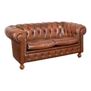 20th Century Vintage Brown Leather Chesterfield Two Seat Sofa Loveseat From Denmark For Sale