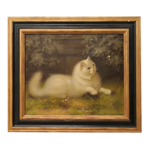 Framed Oil Painting of White Cat