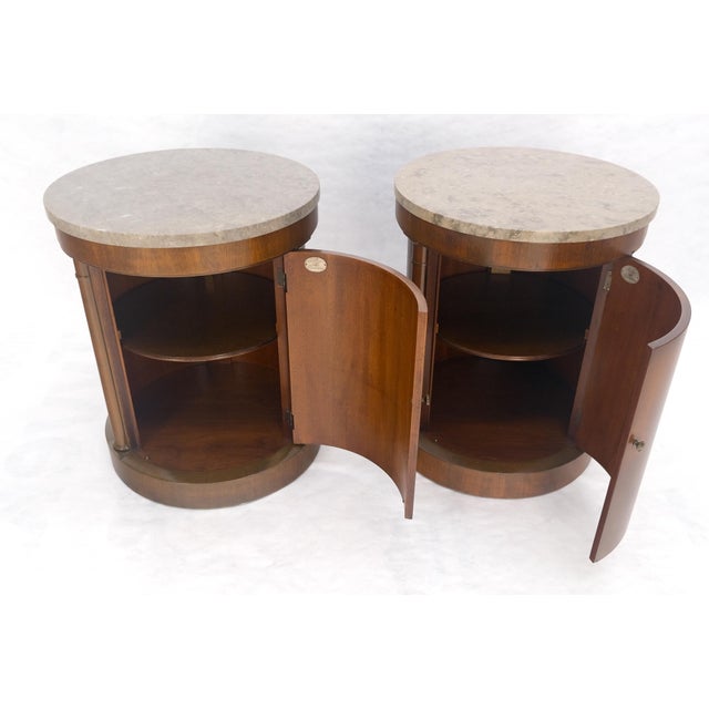Baker Pair Cylinder Drum Shape Marble Top One Door Compartment Side End Tables For Sale - Image 15 of 18