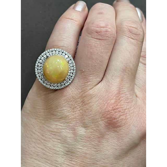 Round Opal and Diamond Cocktail Ring 18 Karat White Gold, Estate For Sale - Image 13 of 18