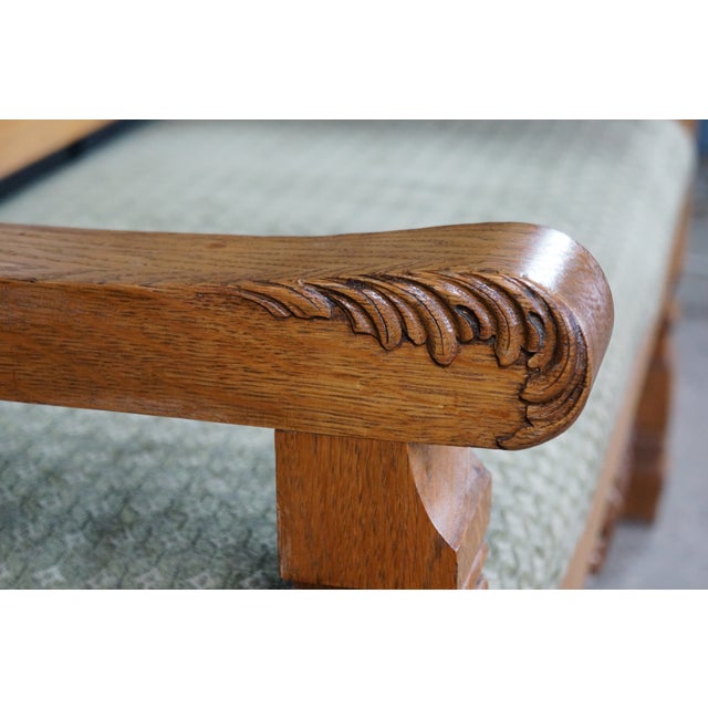 Antique Victorian American Empire Quartersawn Oak Carved Settee Bench Loveseat For Sale - Image 9 of 18