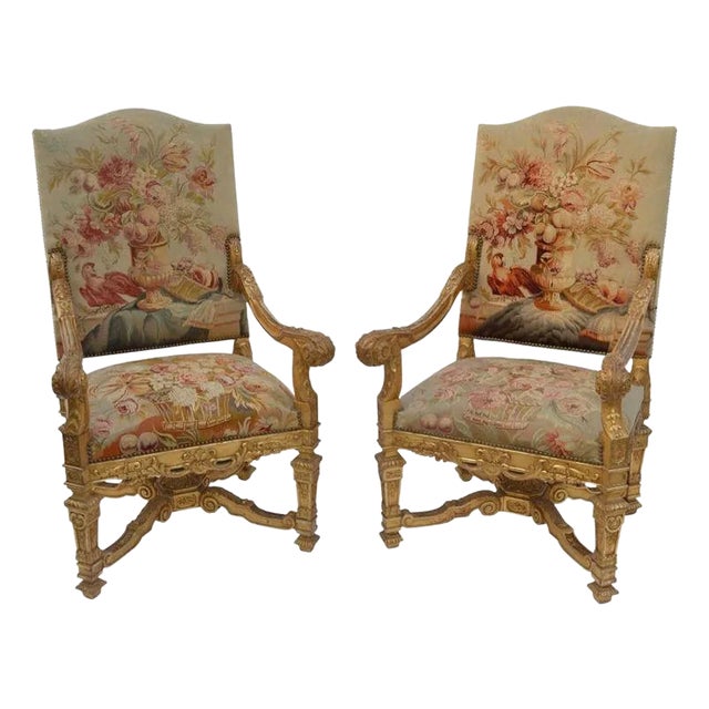 Pair of Large Late 19th Century French Neoclassical Gilded Walnut Armchairs For Sale