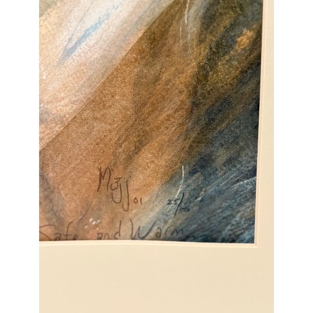 Expressive limited-edition figurative artwork titled “Safe and Warm,” depicting a child enveloped in softly rendered,...