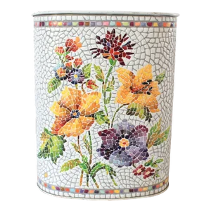 Vintage Faux Mosaic Tile Floral Wastebasket