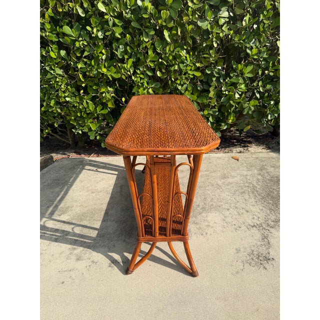 Late 20th Century Vintage Palm Beach Handwoven Natural Rattan Console Table For Sale - Image 5 of 15