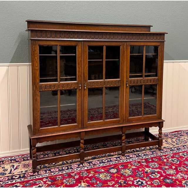 Antique English Jacobean Bookcase Bookshelf Cabinet Triple Glass Door Oak C1930s For Sale In Dallas - Image 6 of 18