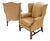 Pair of Tall Tan Leather Wing Chairs on Solid Mahogany Stretcher Base Mint! For Sale