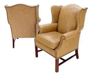 Pair of Tall Tan Leather Wing Chairs on Solid Mahogany Stretcher Base Mint!