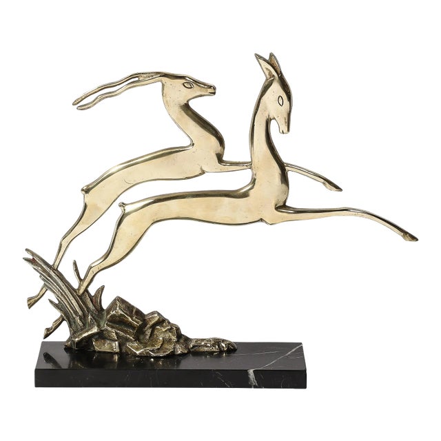 Art Deco Leaping Gazelle Sculpture in Polished Brass on Black Marble Base For Sale