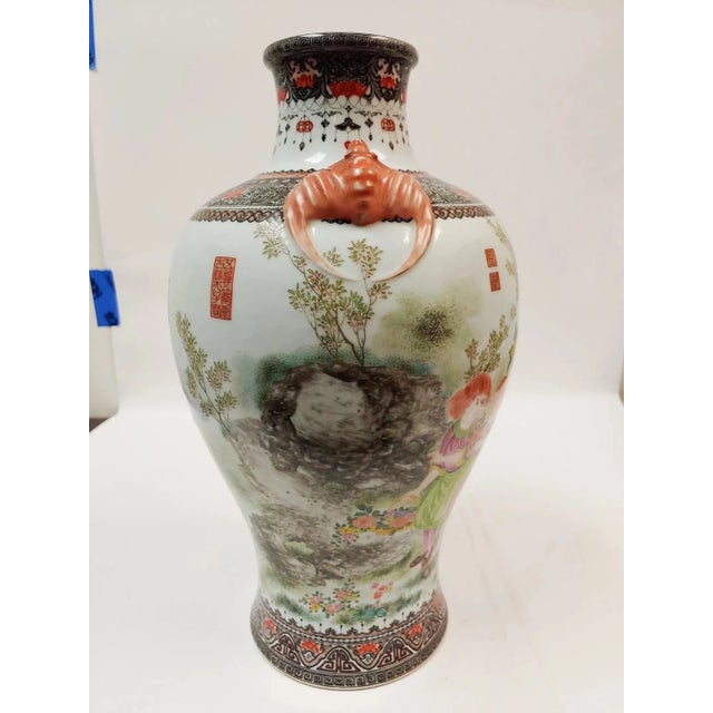 Large Antique Chinese Famille Rose Porcelain Floor Vase With Figural Scene and Wooden Stand For Sale - Image 4 of 9