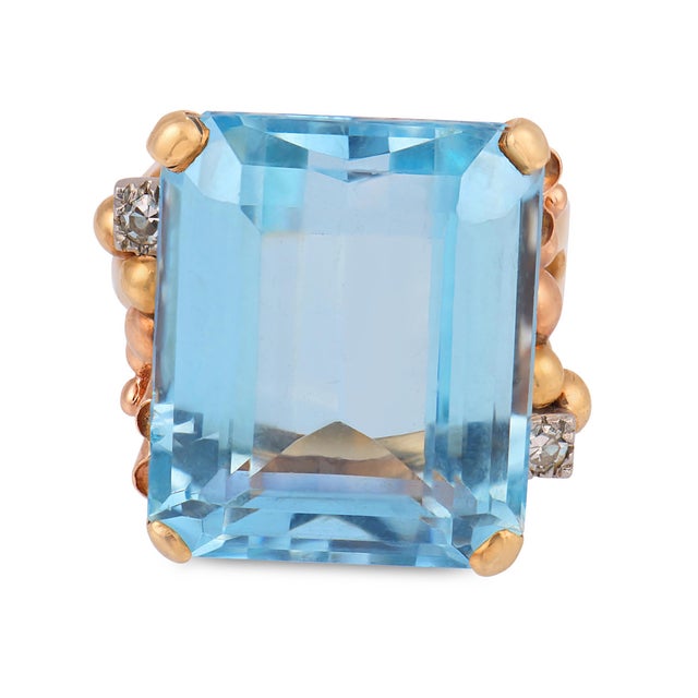 Mid-Century Modern Mid 20th Century Retro 20.80 Carat Aquamarine Diamond 14k Yellow Gold Cocktail Ring, Size 7 For Sale - Image 3 of 6