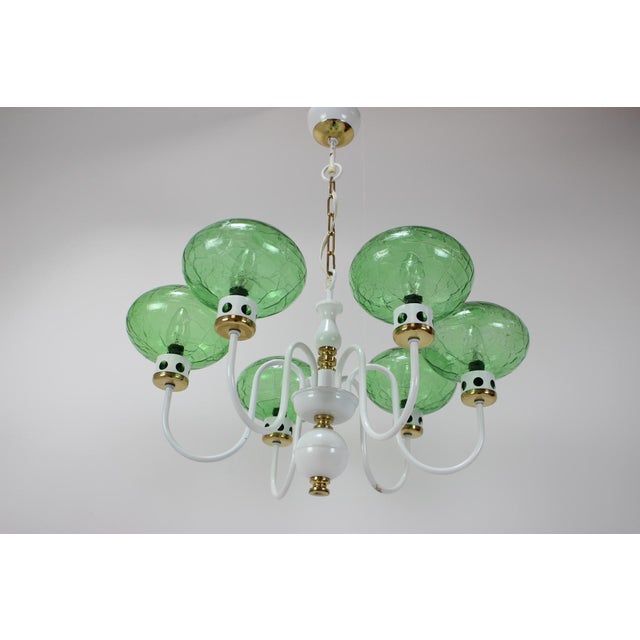 Made in czechoslovakia. Made of glass, lacquered metal, brass. 6x 60w,e27 or e26 bulb. With aged patina. Us wiring...