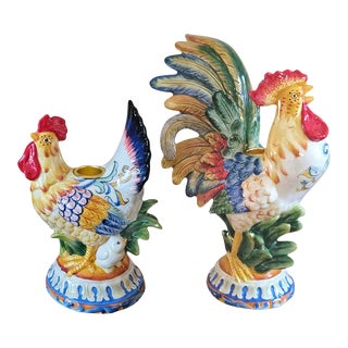 Vintage Fitz and Floyd Ricamo Rooster and Hen Candlestick Holders, Set of 2 For Sale