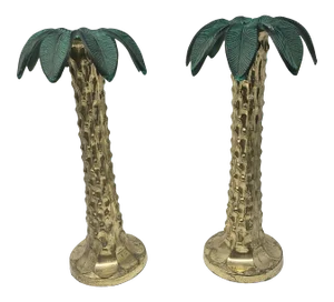 Vintage Carved Brass and Copper Palm Tree Candle Sticks Heavy and- a Pair