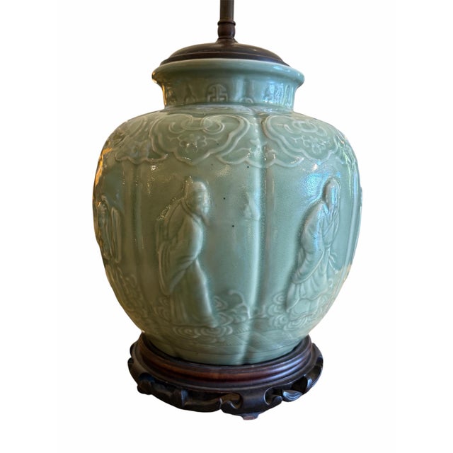 1970s Vintage Chinese Celadon Lamps - Pair For Sale - Image 5 of 6