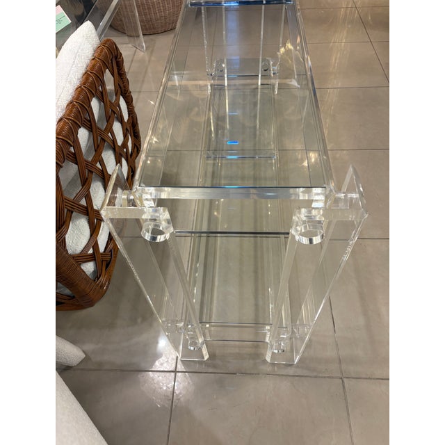 Vintage Modern Peg Lucite Console Table Two Tier New Glass Tops For Sale - Image 9 of 12