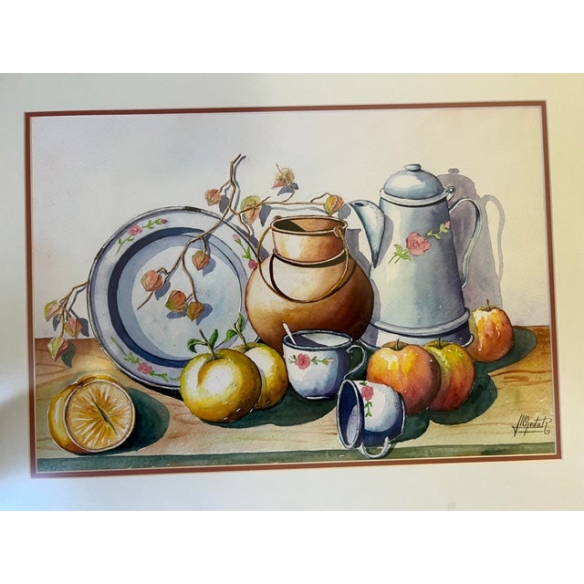 Beautiful Watercolor on Paper signed by Spanish artist. Photographs of the artists signature included. Features a table...