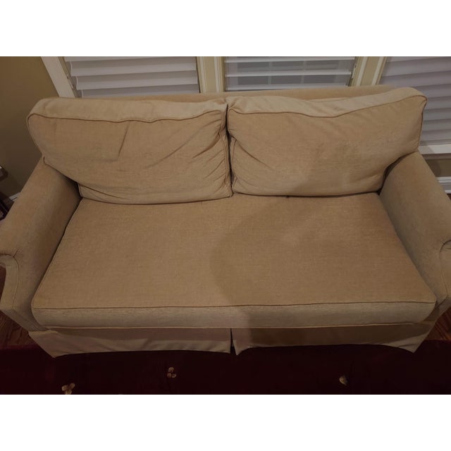 Custom Made Chenille Roll Arm Down Filled Loveseat with Red Silk Accent