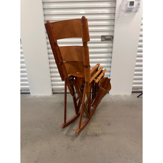 Mid 20th Century Campaign Style Teak Brown Leather Folding Rocker Rocking Chair For Sale - Image 9 of 12