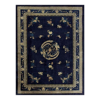 1890s Blue Ground Scattered Floral Sprays Antique Chinese Peking Knotted Rug For Sale