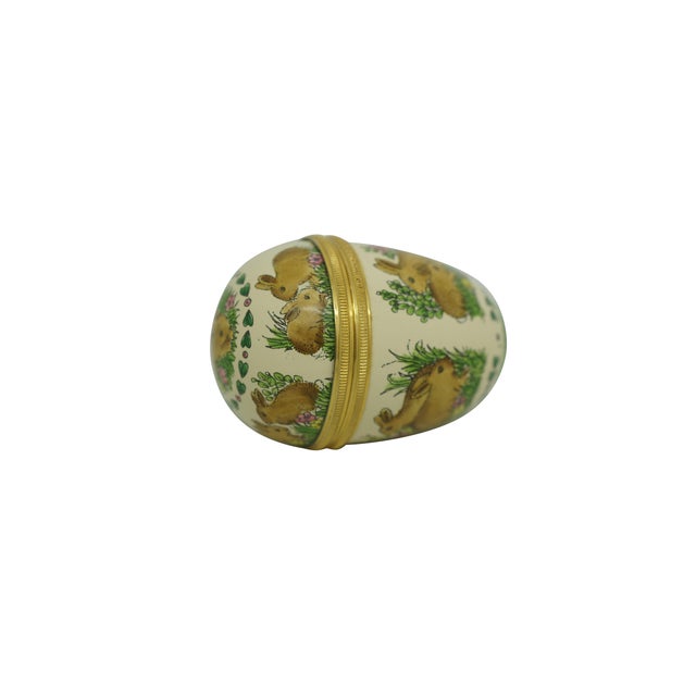 Vintage Halcyon Days Bilston England Enamel egg-shaped trinket or pill box featuring hand-painted Easter Bunny rabbit and...