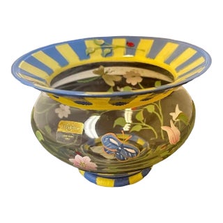 1970s Lenox Hand Painted Art Glass Butterfly Meadow Floral Bowl 5.5”t 7.5”w For Sale