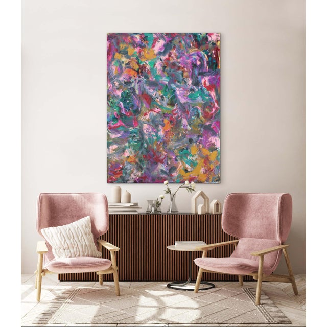 This vibrant painting was created with oil paints in a a palette of pink, greens, yellow, red, violet, and sienna. The...