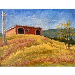 Contemporary Landscape Oil Painting, "Barn at Ft Lewis" by Teresa DiMarco For Sale